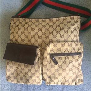 Gucci Beige GG Canvas Medium Web Double Pocket Messenger Bag